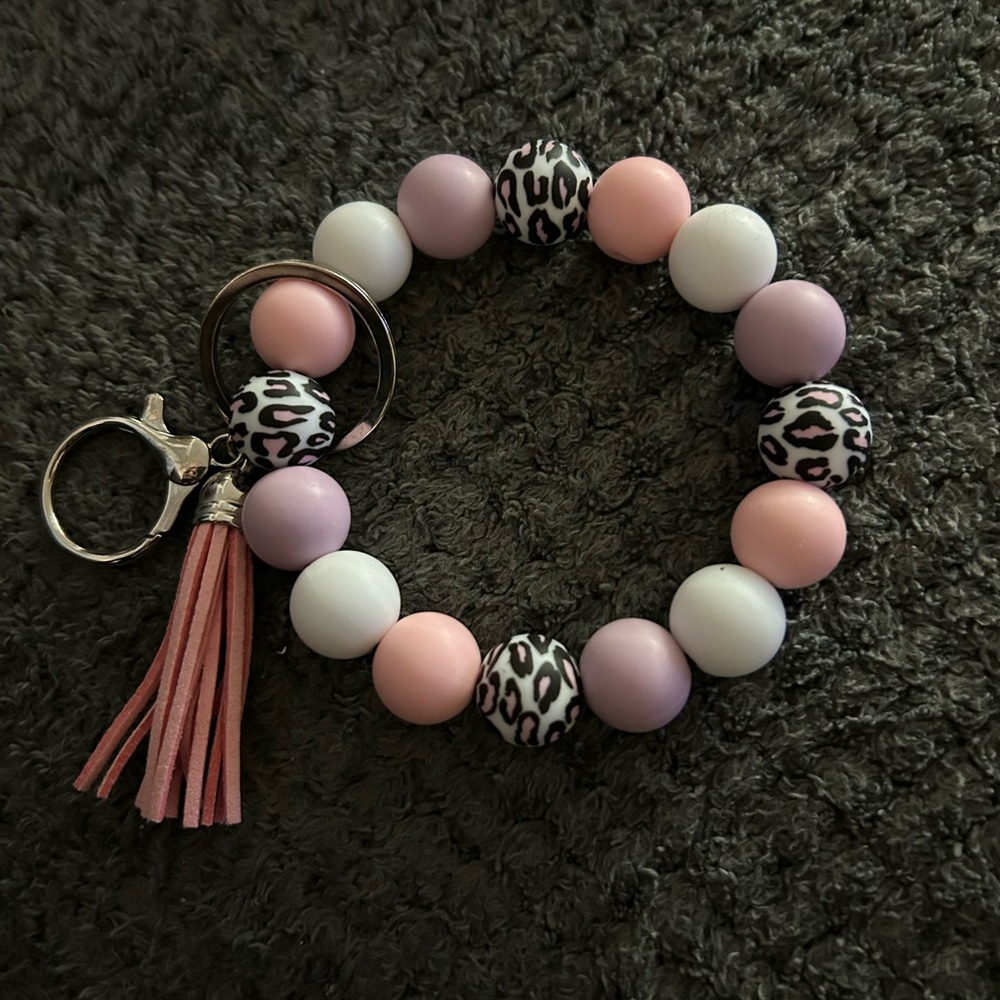 Hand Crafted Pink Lavender White Leopard Beaded Keyring with Tassel